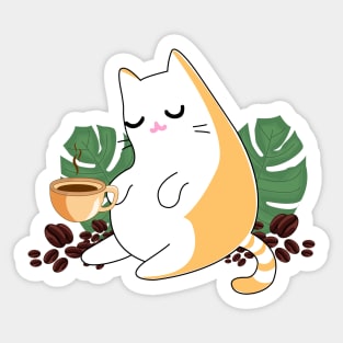 Ginger persian orange cute cat drinking coffee surrounded by leaves and beans of coffee Sticker